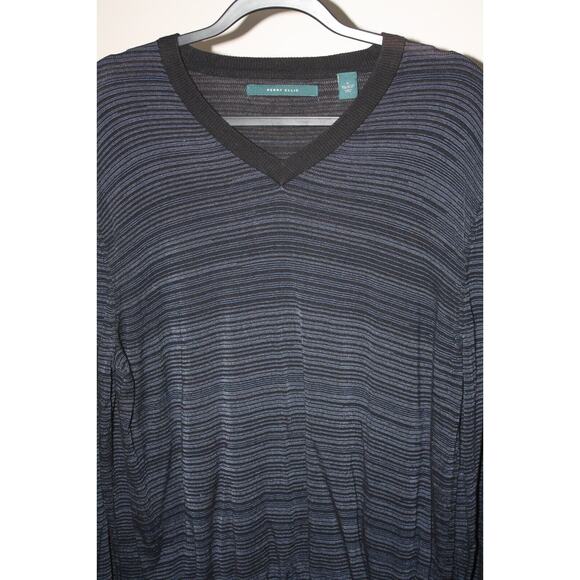 Perry Ellis Men's Large Pullover Sweater Long Sleeve Stripped V-Neck Black Blue - Picture 4 of 4